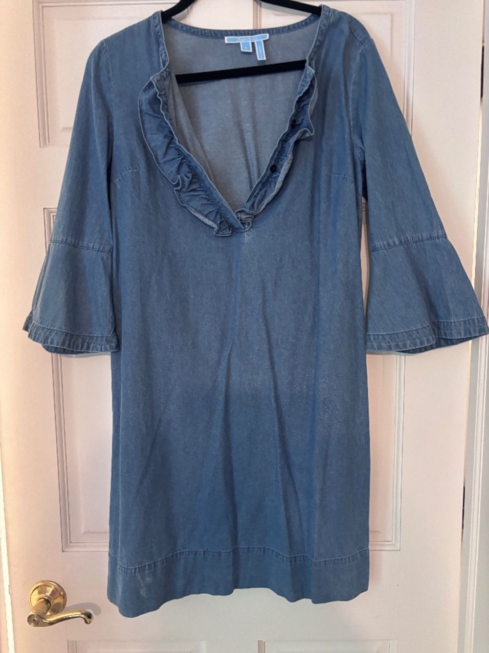 Draper James Denim dress with ruffled neckline and bell sleeves